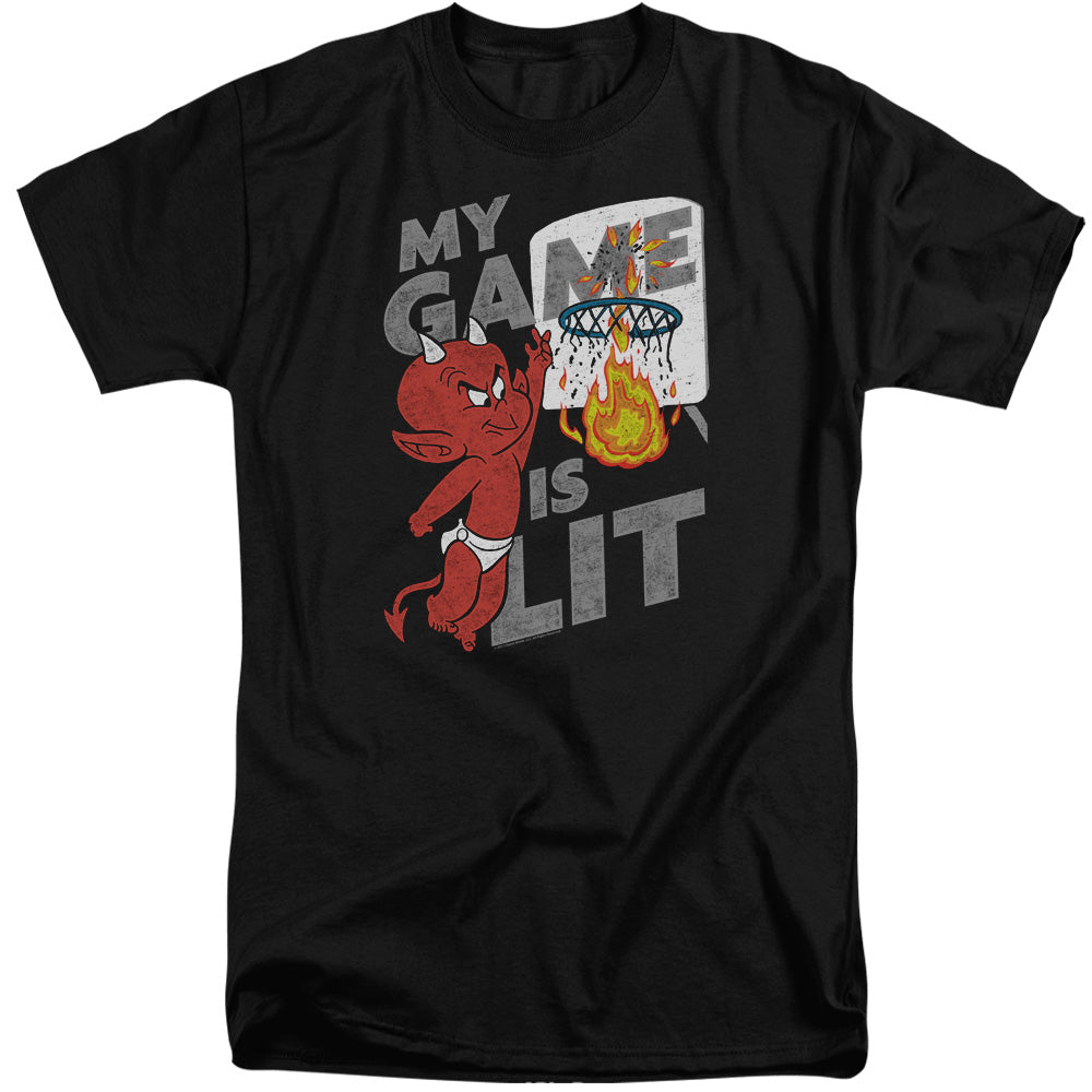AN OFFCIALLY LICENSED HOT STUFF GAME IS LIT MEN'S TALL FIT T-SHIRT BLACK
