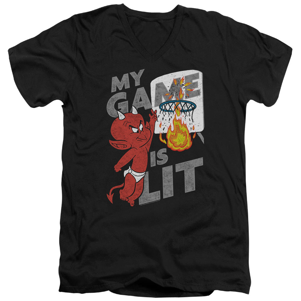 AN OFFCIALLY LICENSED HOT STUFF GAME IS LIT MEN'S V-NECK T-SHIRT BLACK