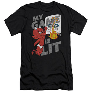 AN OFFCIALLY LICENSED HOT STUFF GAME IS LIT MEN'S PREMIUM SLIM FIT T-SHIRT BLACK