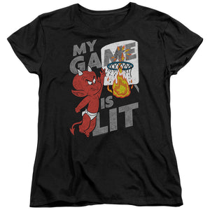 AN OFFCIALLY LICENSED HOT STUFF GAME IS LIT WOMEN'S REGULAR FIT T-SHIRT BLACK
