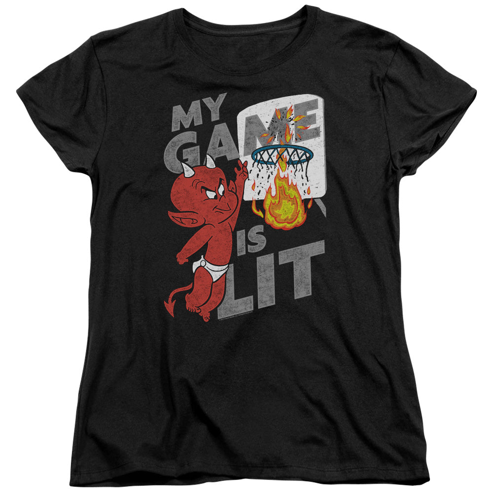 AN OFFCIALLY LICENSED HOT STUFF GAME IS LIT WOMEN'S REGULAR FIT T-SHIRT BLACK