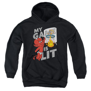 AN OFFCIALLY LICENSED HOT STUFF GAME IS LIT YOUTH HOODIE BLACK