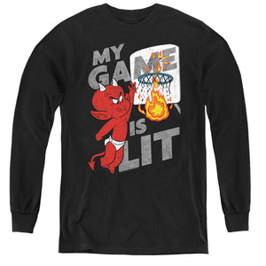 AN OFFCIALLY LICENSED HOT STUFF GAME IS LIT YOUTH LONG SLEEVE T-SHIRT BLACK
