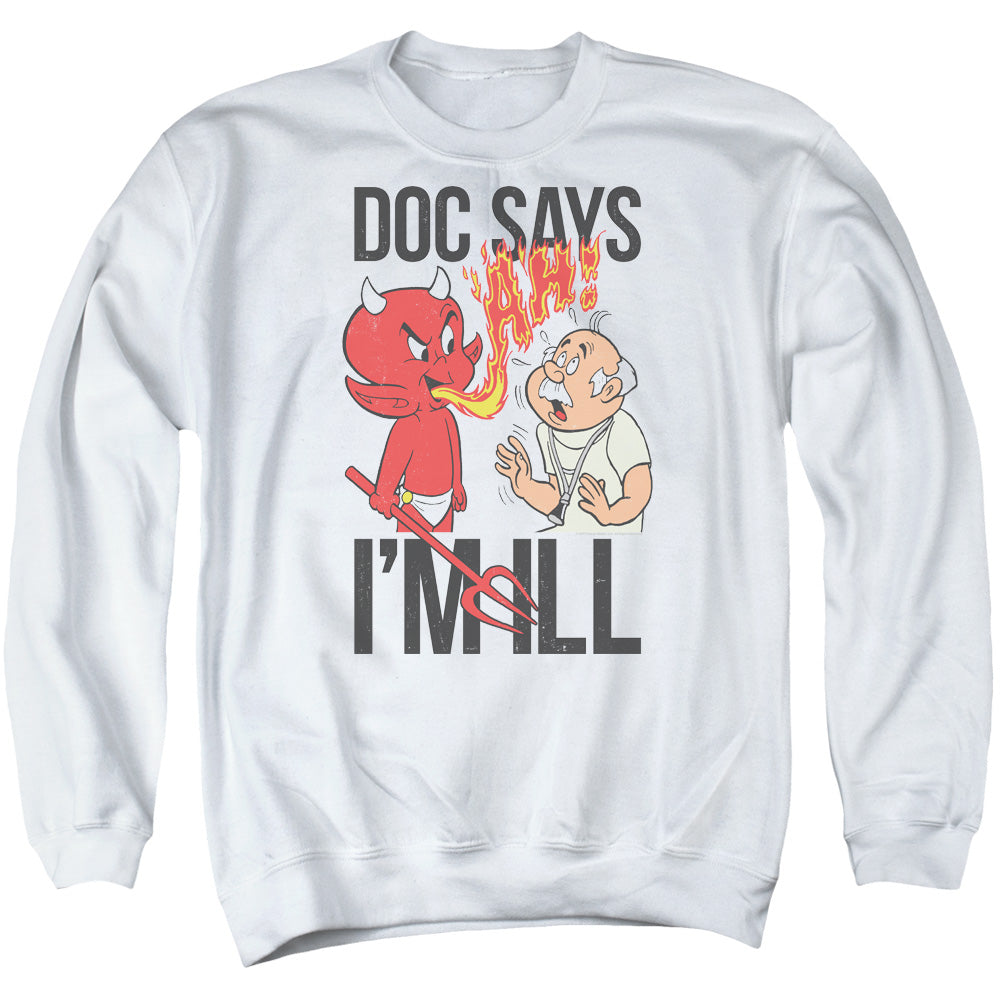 AN OFFCIALLY LICENSED HOT STUFF DOC SAYS ADULT UNISEX CREWNECK SWEATSHIRT WHITE