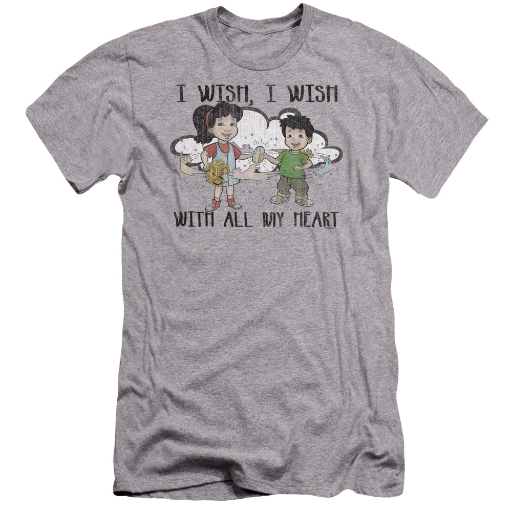 AN OFFCIALLY LICENSED DRAGON TALES I WISH WITH ALL MY HEART MEN'S PREMIUM SLIM FIT T-SHIRT ATHLETIC HEATHER