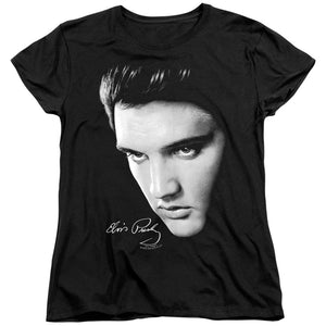 AN OFFCIALLY LICENSED ELVIS PRESLEY FACE WOMEN'S REGULAR FIT T-SHIRT BLACK
