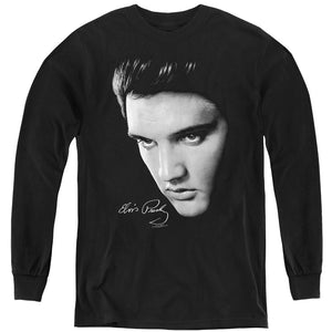 AN OFFCIALLY LICENSED ELVIS PRESLEY FACE YOUTH LONG SLEEVE T-SHIRT BLACK
