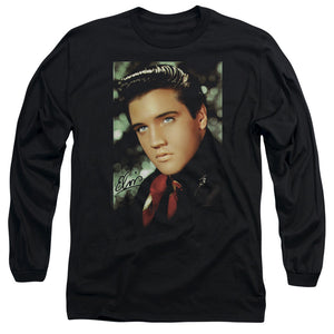 AN OFFCIALLY LICENSED ELVIS PRESLEY RED SCARF MEN'S LONG SLEEVE T-SHIRT BLACK
