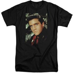 AN OFFCIALLY LICENSED ELVIS PRESLEY RED SCARF MEN'S TALL FIT T-SHIRT BLACK