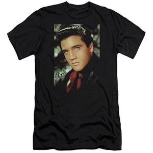 AN OFFCIALLY LICENSED ELVIS PRESLEY RED SCARF MEN'S PREMIUM SLIM FIT T-SHIRT BLACK
