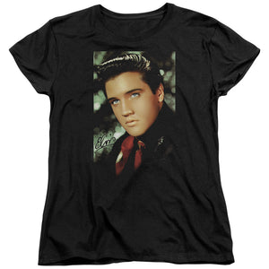 AN OFFCIALLY LICENSED ELVIS PRESLEY RED SCARF WOMEN'S REGULAR FIT T-SHIRT BLACK