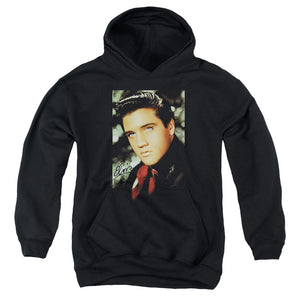 AN OFFCIALLY LICENSED ELVIS PRESLEY RED SCARF YOUTH HOODIE BLACK
