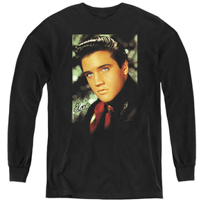 AN OFFCIALLY LICENSED ELVIS PRESLEY RED SCARF YOUTH LONG SLEEVE T-SHIRT BLACK