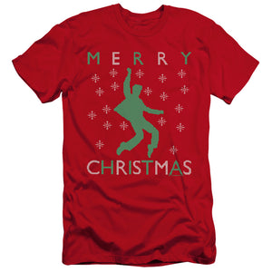 AN OFFCIALLY LICENSED ELVIS DANCING UGLY CHRISTMAS MEN'S PREMIUM SLIM FIT T-SHIRT RED