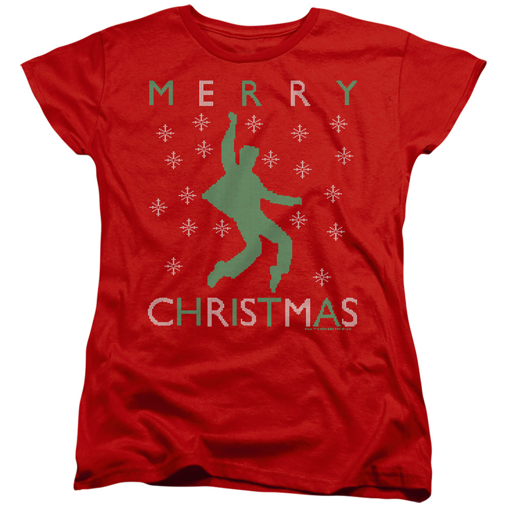 AN OFFCIALLY LICENSED ELVIS DANCING UGLY CHRISTMAS WOMEN'S REGULAR FIT T-SHIRT RED