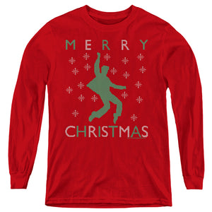 AN OFFCIALLY LICENSED ELVIS DANCING UGLY CHRISTMAS YOUTH LONG SLEEVE T-SHIRT RED