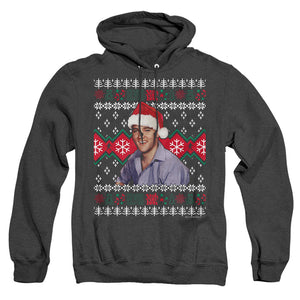 AN OFFCIALLY LICENSED ELVIS UGLY CHRISTMAS SWEATER ADULT UNISEX HEATHER PULLOVER HOODIE BLACK