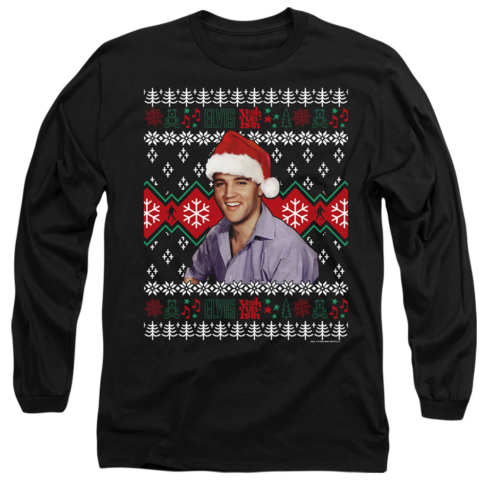 AN OFFCIALLY LICENSED ELVIS UGLY CHRISTMAS SWEATER MEN'S LONG SLEEVE T-SHIRT BLACK