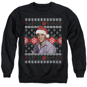 AN OFFCIALLY LICENSED ELVIS UGLY CHRISTMAS SWEATER ADULT UNISEX CREWNECK SWEATSHIRT BLACK