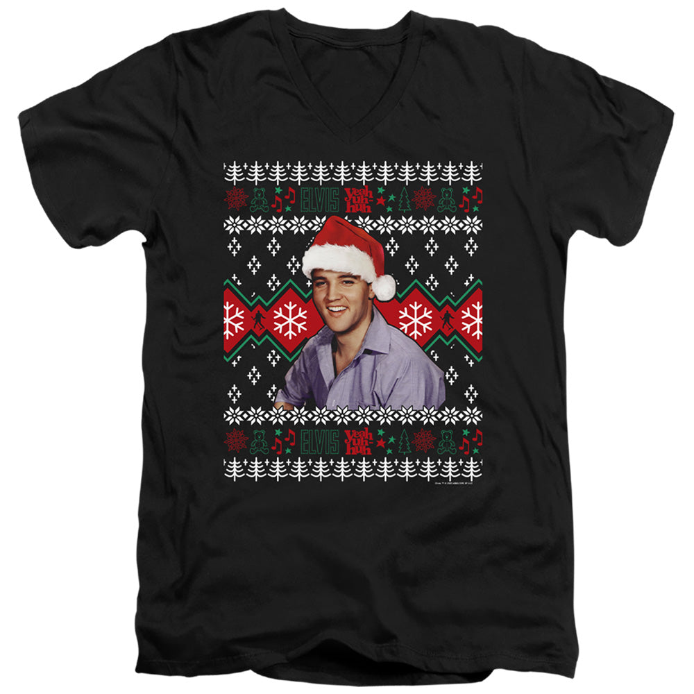 AN OFFCIALLY LICENSED ELVIS UGLY CHRISTMAS SWEATER MEN'S V-NECK T-SHIRT BLACK