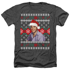 AN OFFCIALLY LICENSED ELVIS UGLY CHRISTMAS SWEATER MEN'S HEATHER T-SHIRT CHARCOAL