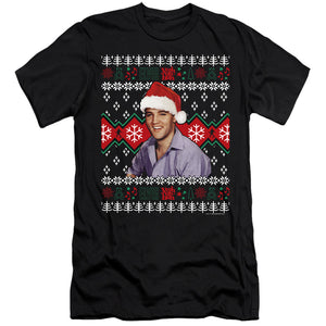 AN OFFCIALLY LICENSED ELVIS UGLY CHRISTMAS SWEATER MEN'S PREMIUM SLIM FIT T-SHIRT BLACK