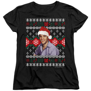 AN OFFCIALLY LICENSED ELVIS UGLY CHRISTMAS SWEATER WOMEN'S REGULAR FIT T-SHIRT BLACK