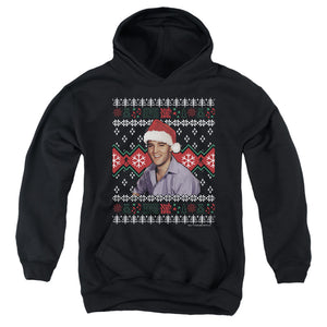 AN OFFCIALLY LICENSED ELVIS UGLY CHRISTMAS SWEATER YOUTH HOODIE BLACK