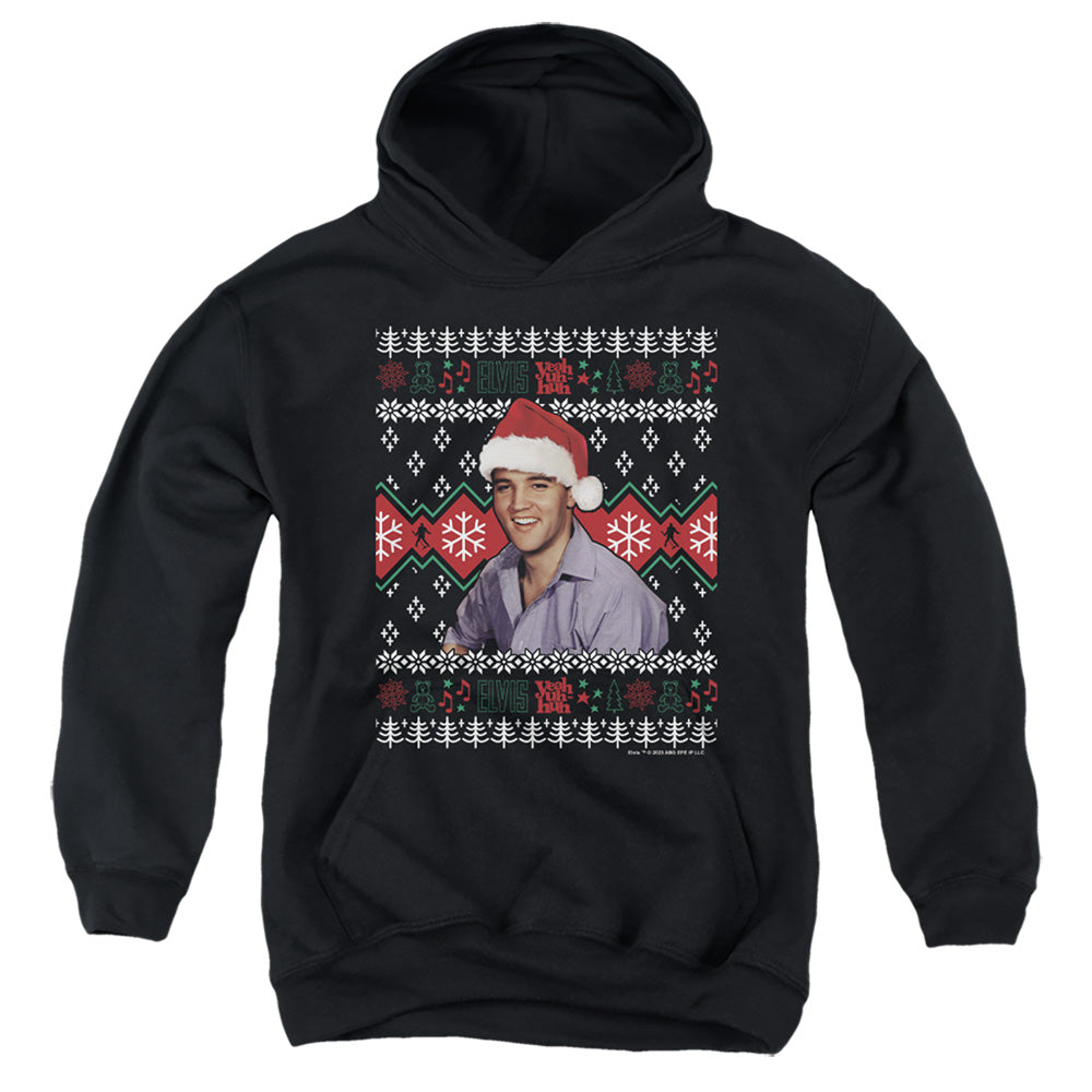 AN OFFCIALLY LICENSED ELVIS UGLY CHRISTMAS SWEATER YOUTH HOODIE BLACK