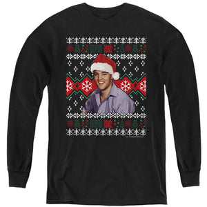 AN OFFCIALLY LICENSED ELVIS UGLY CHRISTMAS SWEATER YOUTH LONG SLEEVE T-SHIRT BLACK