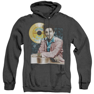 AN OFFCIALLY LICENSED ELVIS PRESLEY GOLD RECORD ADULT UNISEX HEATHER PULLOVER HOODIE BLACK