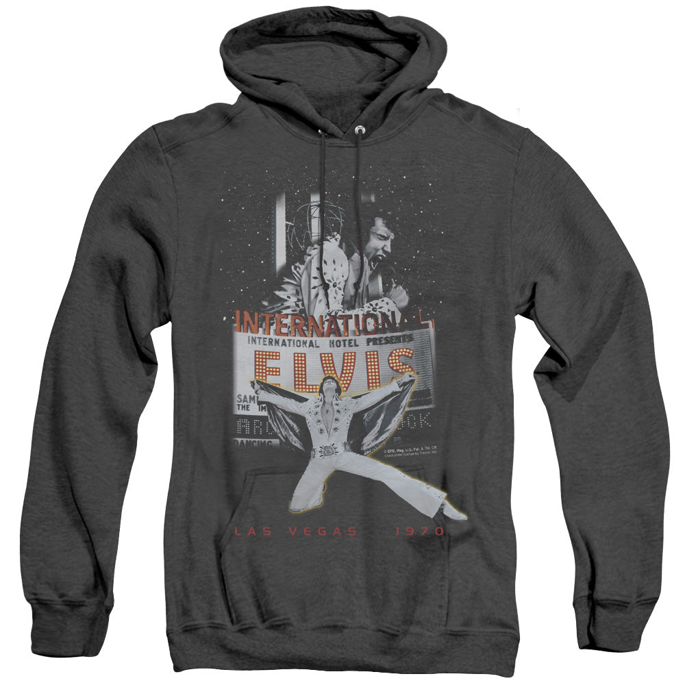 AN OFFCIALLY LICENSED ELVIS PRESLEY LAS VEGAS ADULT UNISEX HEATHER PULLOVER HOODIE BLACK