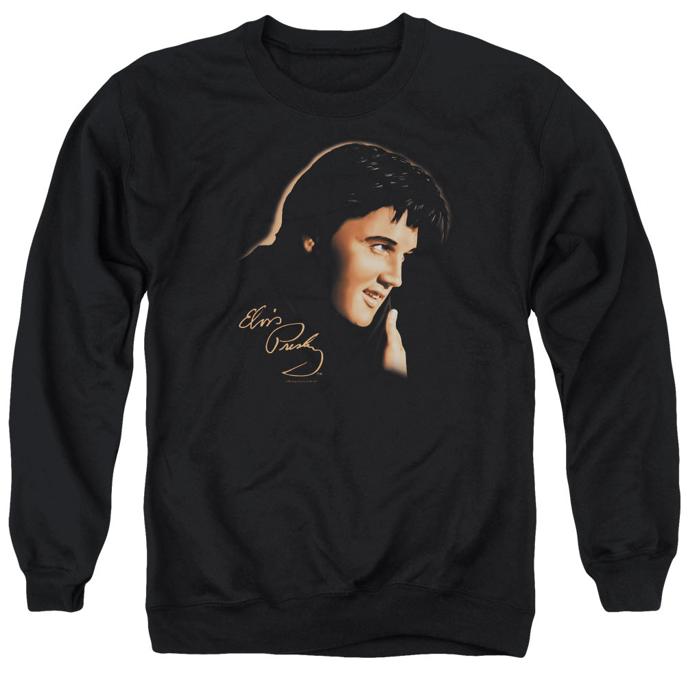 AN OFFCIALLY LICENSED ELVIS PRESLEY WARM PORTRAIT ADULT UNISEX CREWNECK SWEATSHIRT BLACK