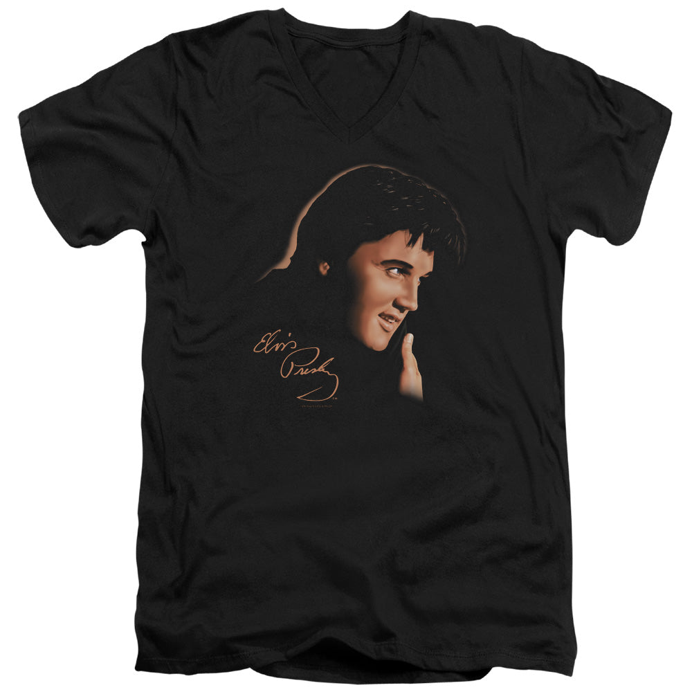AN OFFCIALLY LICENSED ELVIS PRESLEY WARM PORTRAIT MEN'S V-NECK T-SHIRT BLACK