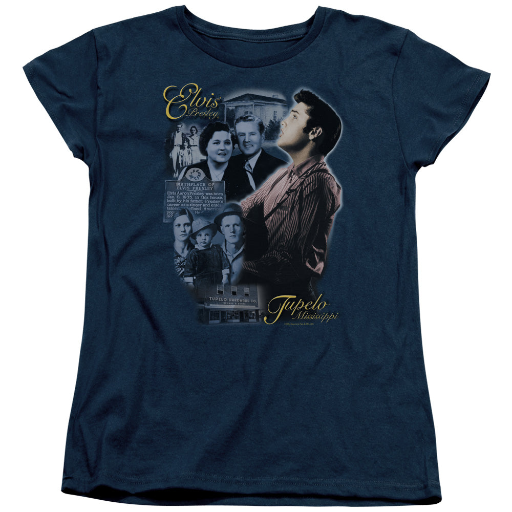 AN OFFCIALLY LICENSED ELVIS PRESLEY TUPELO WOMEN'S REGULAR FIT T-SHIRT NAVY