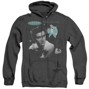 AN OFFCIALLY LICENSED ELVIS PRESLEY TEAL PORTRAIT ADULT UNISEX HEATHER PULLOVER HOODIE BLACK