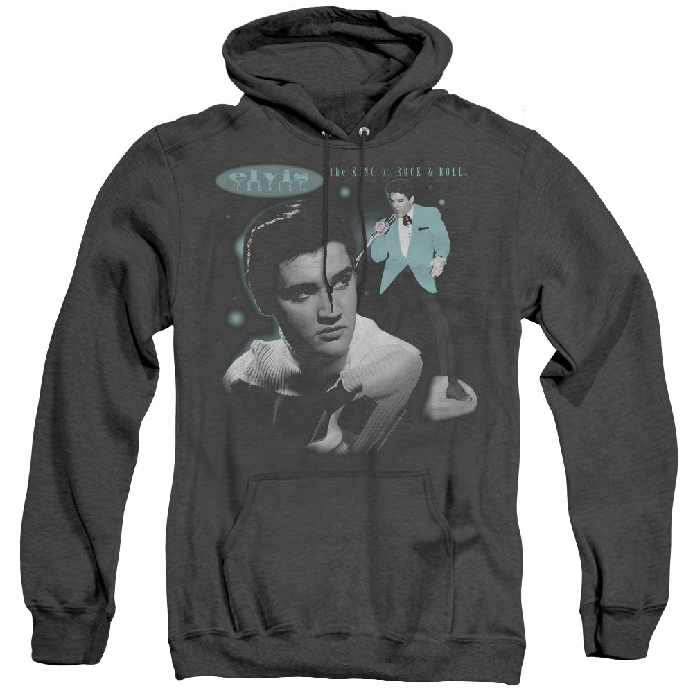 AN OFFCIALLY LICENSED ELVIS PRESLEY TEAL PORTRAIT ADULT UNISEX HEATHER PULLOVER HOODIE BLACK