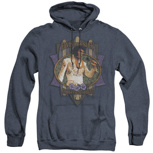 AN OFFCIALLY LICENSED ELVIS PRESLEY ALOHA FROM HAWAII ADULT UNISEX HEATHER PULLOVER HOODIE NAVY