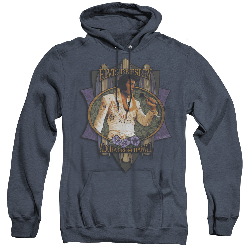 AN OFFCIALLY LICENSED ELVIS PRESLEY ALOHA FROM HAWAII ADULT UNISEX HEATHER PULLOVER HOODIE NAVY