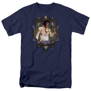 AN OFFCIALLY LICENSED ELVIS PRESLEY ALOHA FROM HAWAII MEN'S REGULAR FIT T-SHIRT NAVY