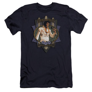 AN OFFCIALLY LICENSED ELVIS PRESLEY ALOHA FROM HAWAII MEN'S PREMIUM SLIM FIT T-SHIRT NAVY