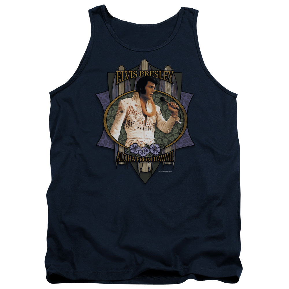 AN OFFCIALLY LICENSED ELVIS PRESLEY ALOHA FROM HAWAII ADULT UNISEX TANK TOP NAVY