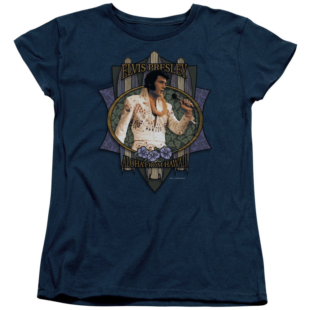 AN OFFCIALLY LICENSED ELVIS PRESLEY ALOHA FROM HAWAII WOMEN'S REGULAR FIT T-SHIRT NAVY