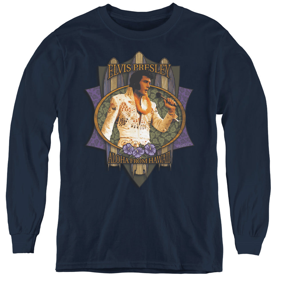 AN OFFCIALLY LICENSED ELVIS PRESLEY ALOHA FROM HAWAII YOUTH LONG SLEEVE T-SHIRT NAVY