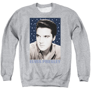AN OFFCIALLY LICENSED ELVIS PRESLEY BLUE SPARKLE ADULT UNISEX CREWNECK SWEATSHIRT ATHLETIC HEATHER