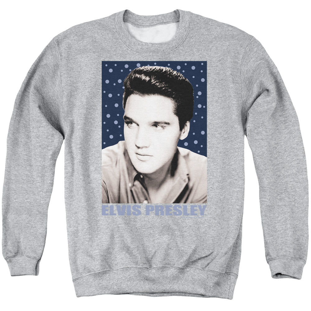 AN OFFCIALLY LICENSED ELVIS PRESLEY BLUE SPARKLE ADULT UNISEX CREWNECK SWEATSHIRT ATHLETIC HEATHER