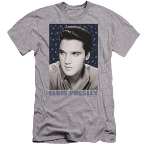 AN OFFCIALLY LICENSED ELVIS PRESLEY BLUE SPARKLE MEN'S PREMIUM SLIM FIT T-SHIRT ATHLETIC HEATHER