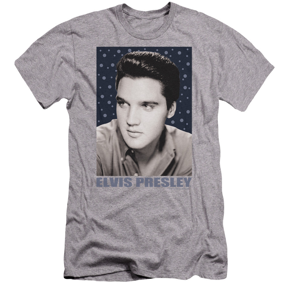 AN OFFCIALLY LICENSED ELVIS PRESLEY BLUE SPARKLE MEN'S PREMIUM SLIM FIT T-SHIRT ATHLETIC HEATHER