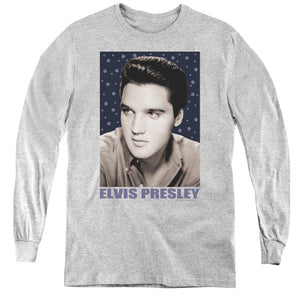 AN OFFCIALLY LICENSED ELVIS PRESLEY BLUE SPARKLE YOUTH LONG SLEEVE T-SHIRT ATHLETIC HEATHER