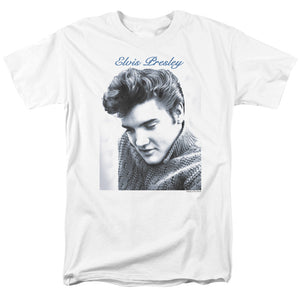 AN OFFCIALLY LICENSED ELVIS PRESLEY SCRIPT SWEATER MEN'S REGULAR FIT T-SHIRT WHITE